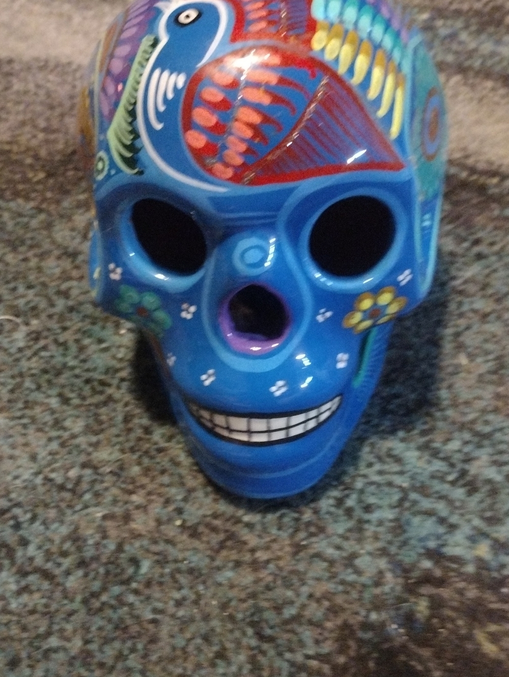 Hand-Painted Blue Ceramic Decorative Skull - Vibrant Folk Art Accent